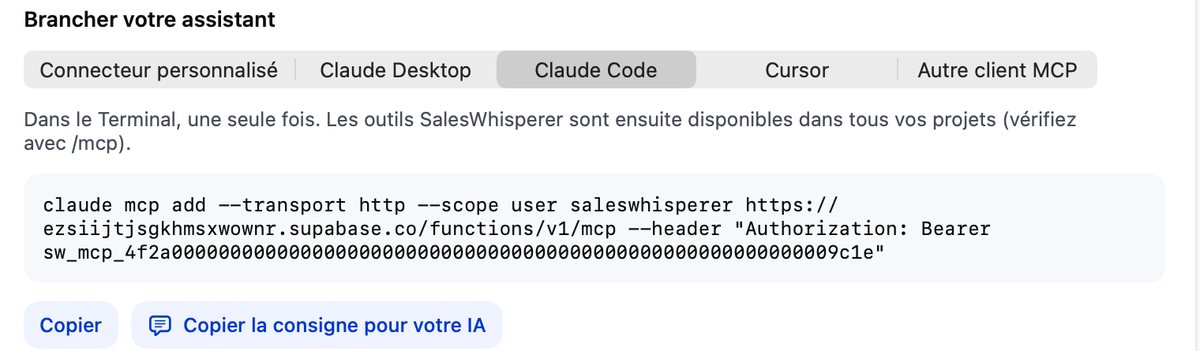 Onglet Claude Code avec la commande prête, le bouton Copier et le bouton Copier la consigne pour votre IA.