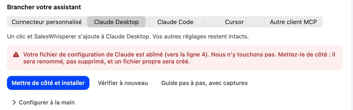 Message Votre fichier de configuration de Claude est abîmé, avec les boutons Mettre de côté et installer et Vérifier à nouveau.