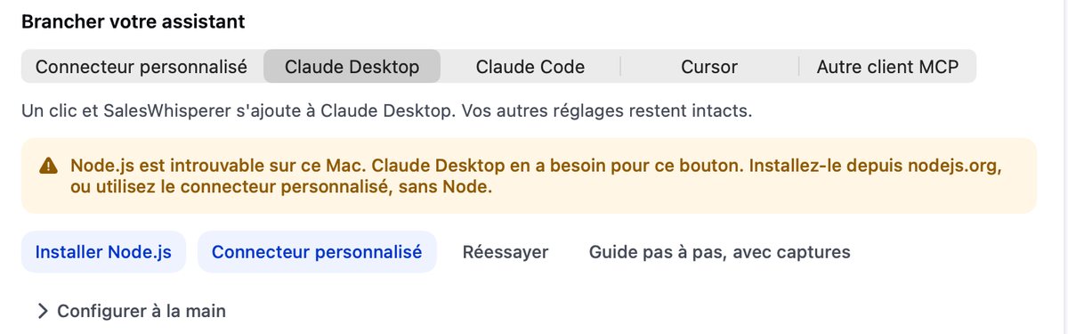 Message Node.js est introuvable sur ce Mac, avec les boutons Installer Node.js, Connecteur personnalisé et Réessayer.