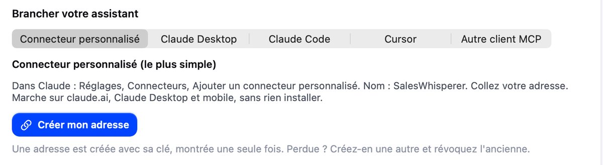 Onglet Connecteur personnalisé (le plus simple) avec le bouton Créer mon adresse.