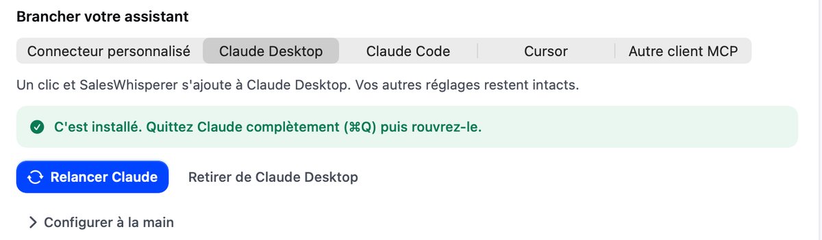Message C'est installé, avec les boutons Relancer Claude et Retirer de Claude Desktop.
