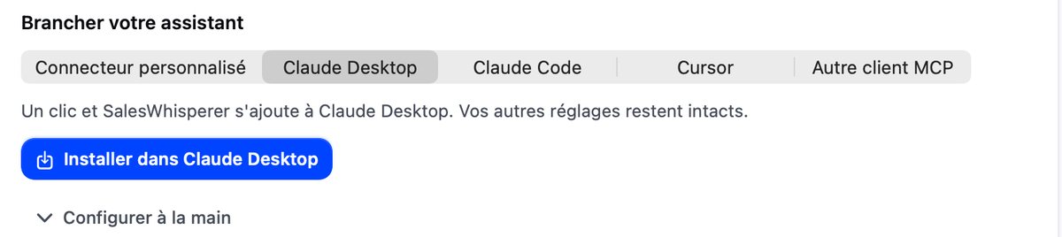 Onglet Claude Desktop avec le bouton Installer dans Claude Desktop et le lien Configurer à la main.